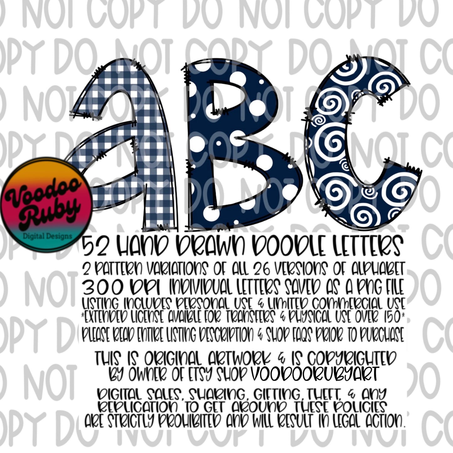 Doodle Letters Alphabet Bundle PNG | Navy Blue and White | Hand Drawn Alphabet | Sublimation Alpha Pack Digital Download | DTF Printable