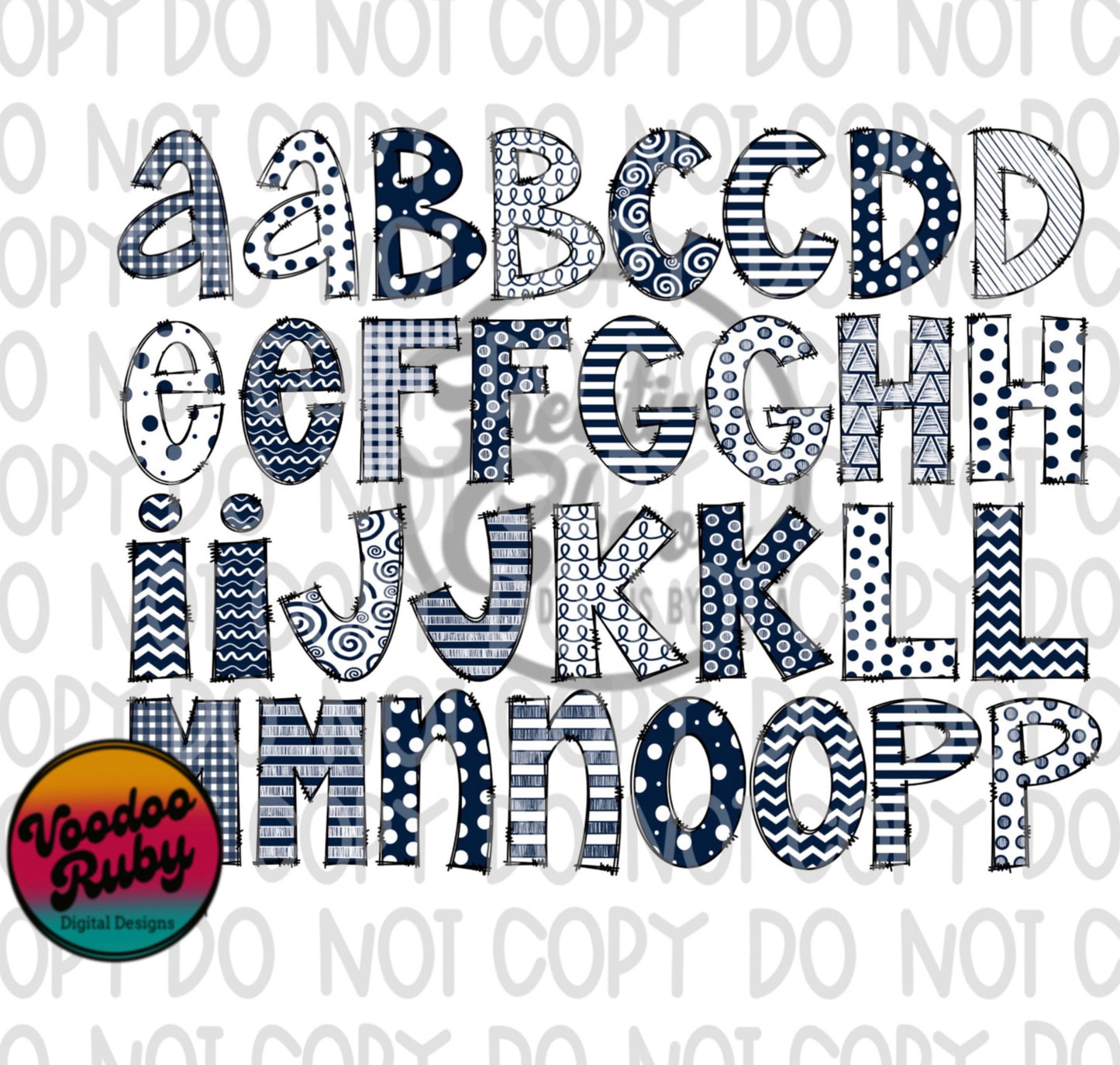 Doodle Letters Alphabet Bundle PNG | Navy Blue and White | Hand Drawn Alphabet | Sublimation Alpha Pack Digital Download | DTF Printable