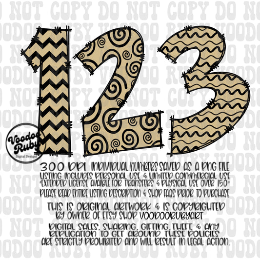 Black and Gold Doodle Numbers Bundle PNG | Hand Drawn Numbers | Numbers Digital Download | Sublimation Blanks | Printable