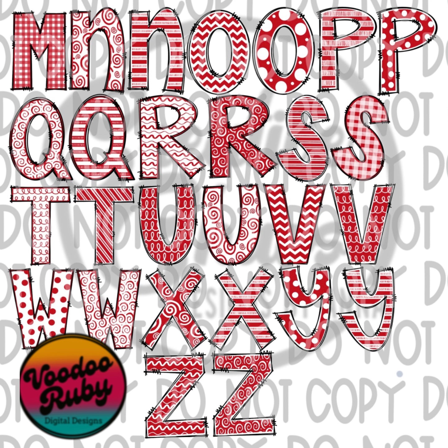 Red White Doodle Letters PNG Alphabet Bundle Hand Drawn Alphabet Alpha Pack Digital Download Sublimation Blanks DTF Printable