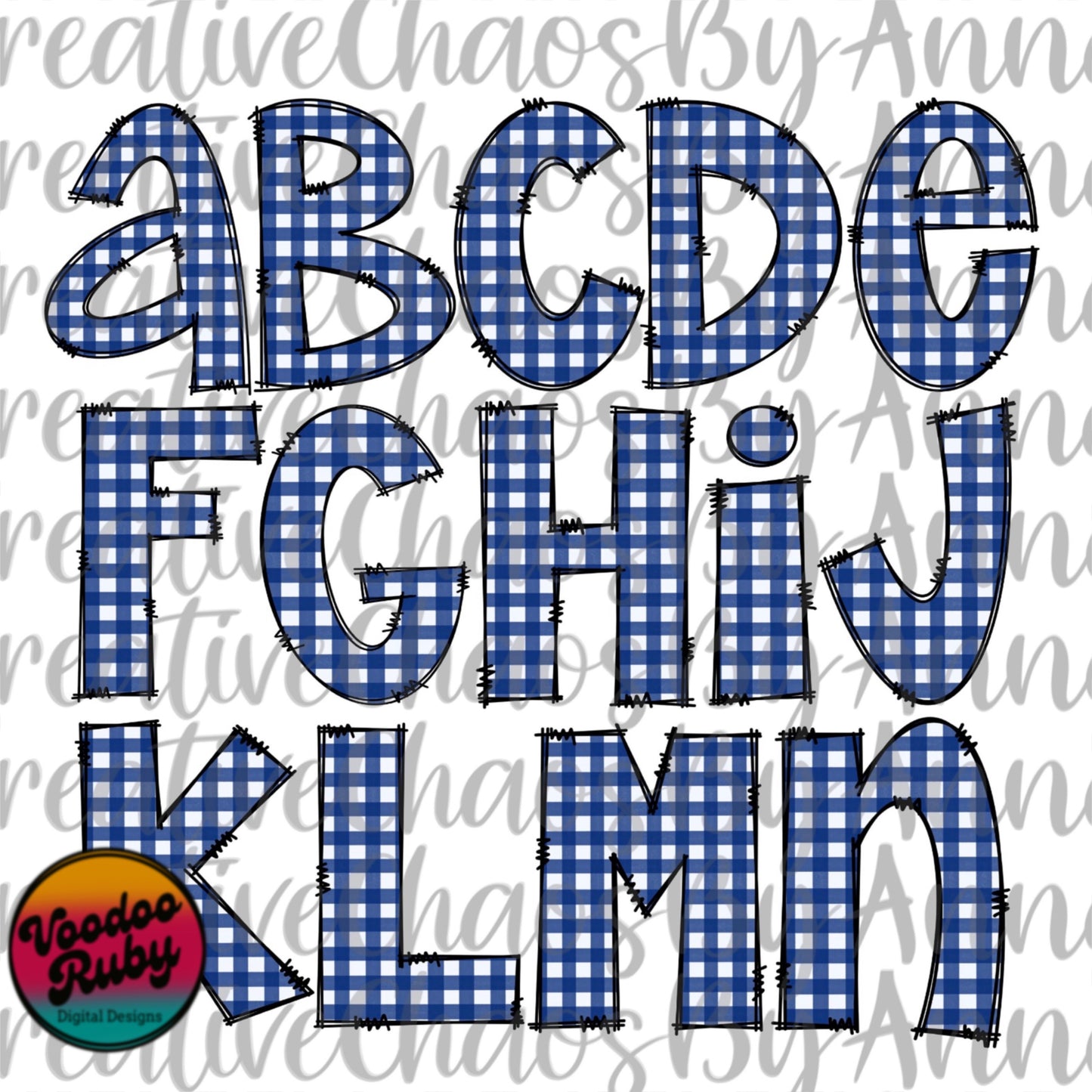 Blue and White Gingham Doodle Letters PNG Sublimation Doodle Letters Design Hand Drawn Alphabet Alpha Pack Digital Download DTF Printable