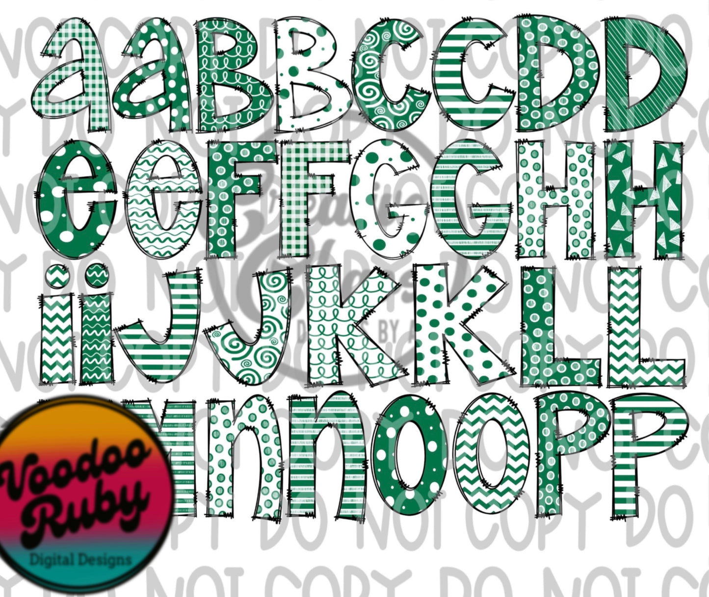 Green White Doodle Letters PNG Bundle Sublimation Alphabet Bundle Hand Drawn Alpha Pack Digital Download Sublimation Alphabet PNG DTF Printable Clip Art