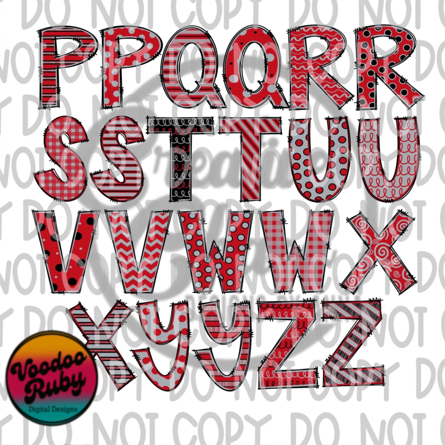 Red Gray Doodle Letters PNG Sublimation Alphabet Bundle Hand Drawn Alphabet Alpha Pack Digital Download Sublimation Font DTF Printable