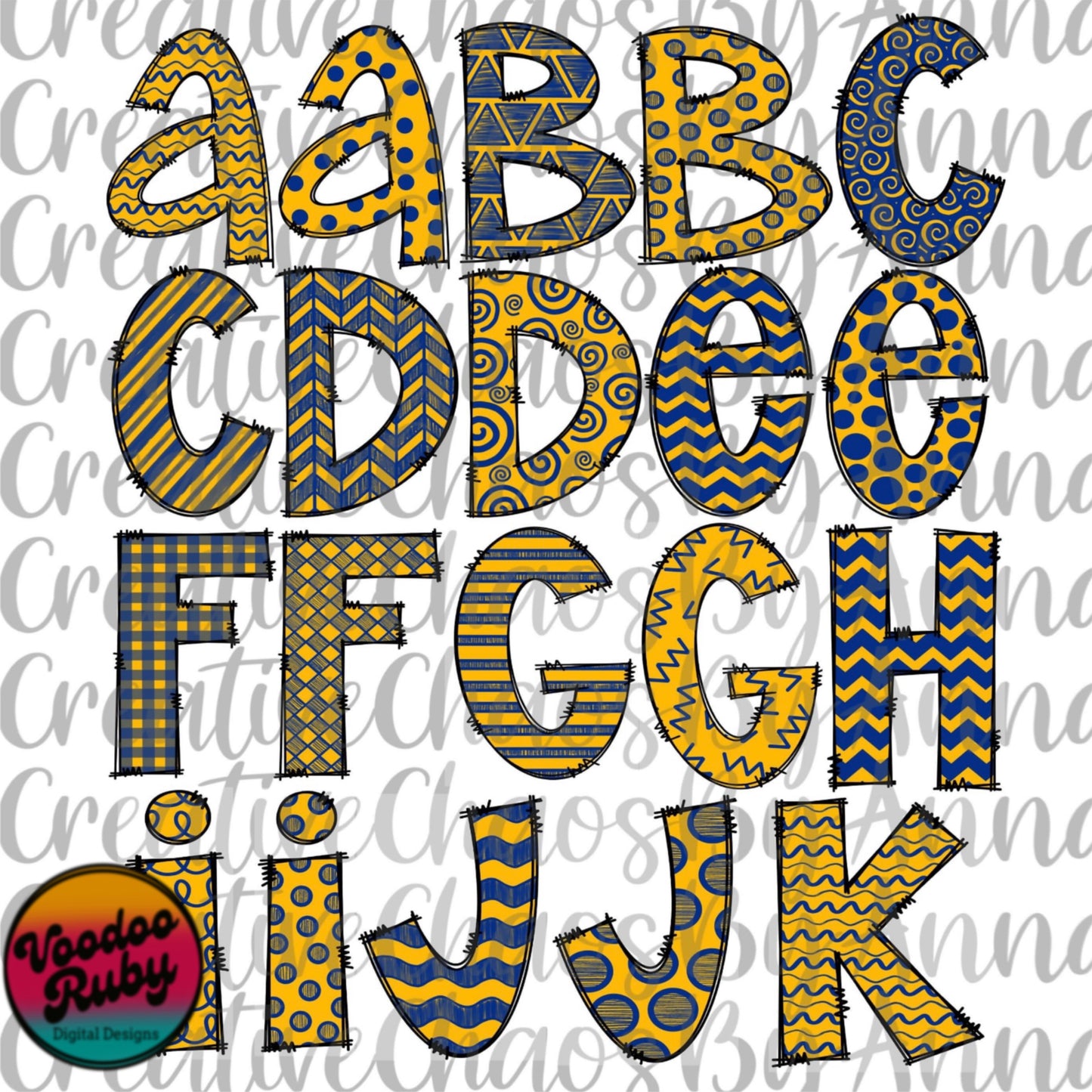 Blue and Yellow Doodle Letters Alphabet Bundle PNG | Hand Drawn Alphabet | Alpha Pack Digital Download | Sublimation Blanks | Printable