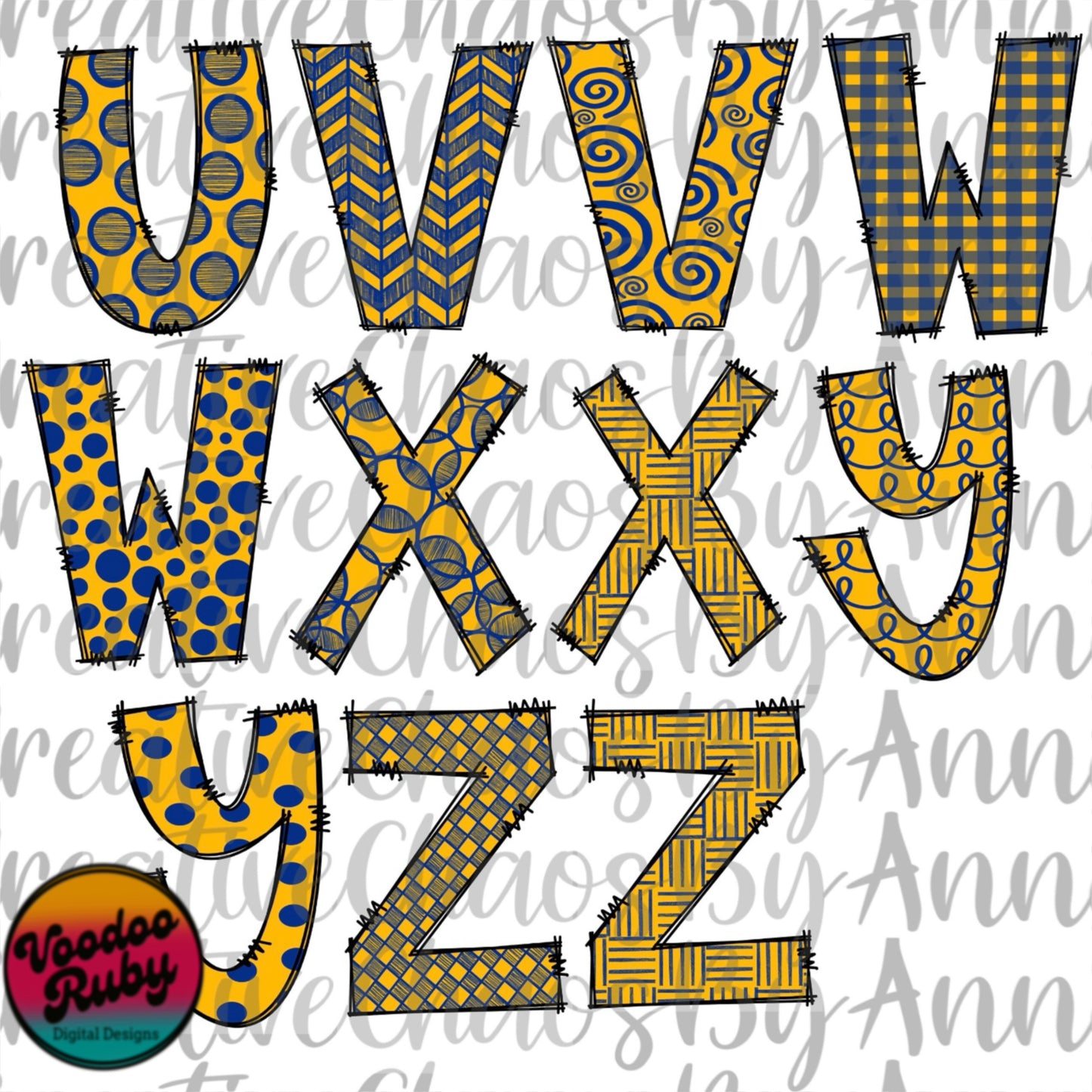 Blue and Yellow Doodle Letters Alphabet Bundle PNG | Hand Drawn Alphabet | Alpha Pack Digital Download | Sublimation Blanks | Printable