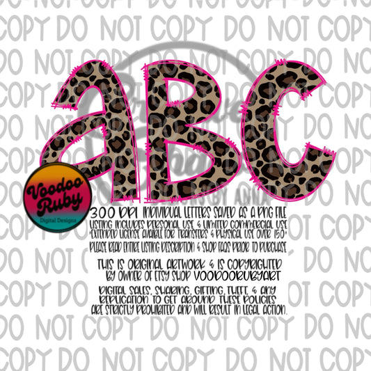 Leopard Doodle Letters PNG Sublimation Alphabet Bundle PNG Hand Drawn Alphabet Alpha Pack Digital Download Sublimation Leopard Pink Png DTF Printable