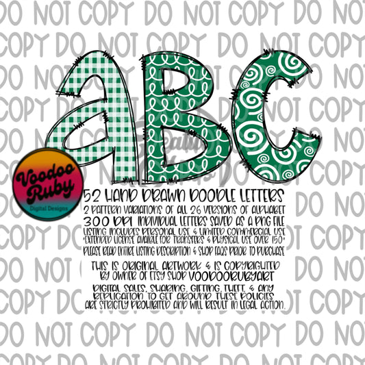 Green White Doodle Letters PNG Bundle Sublimation Alphabet Bundle Hand Drawn Alpha Pack Digital Download Sublimation Alphabet PNG DTF Printable Clip Art