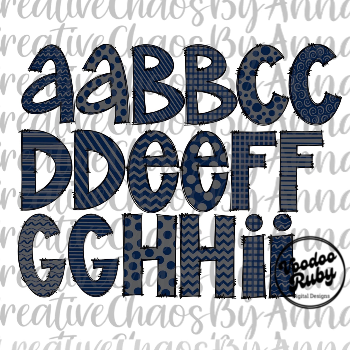 Navy Blue and Gray Doodle Letters Alphabet Bundle PNG Sublimation Hand Drawn Alpha Pack Digital Download Alphabet Digital Design PNG