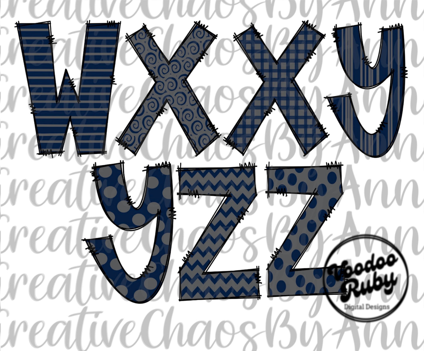 Navy Blue and Gray Doodle Letters Alphabet Bundle PNG Sublimation Hand Drawn Alpha Pack Digital Download Alphabet Digital Design PNG