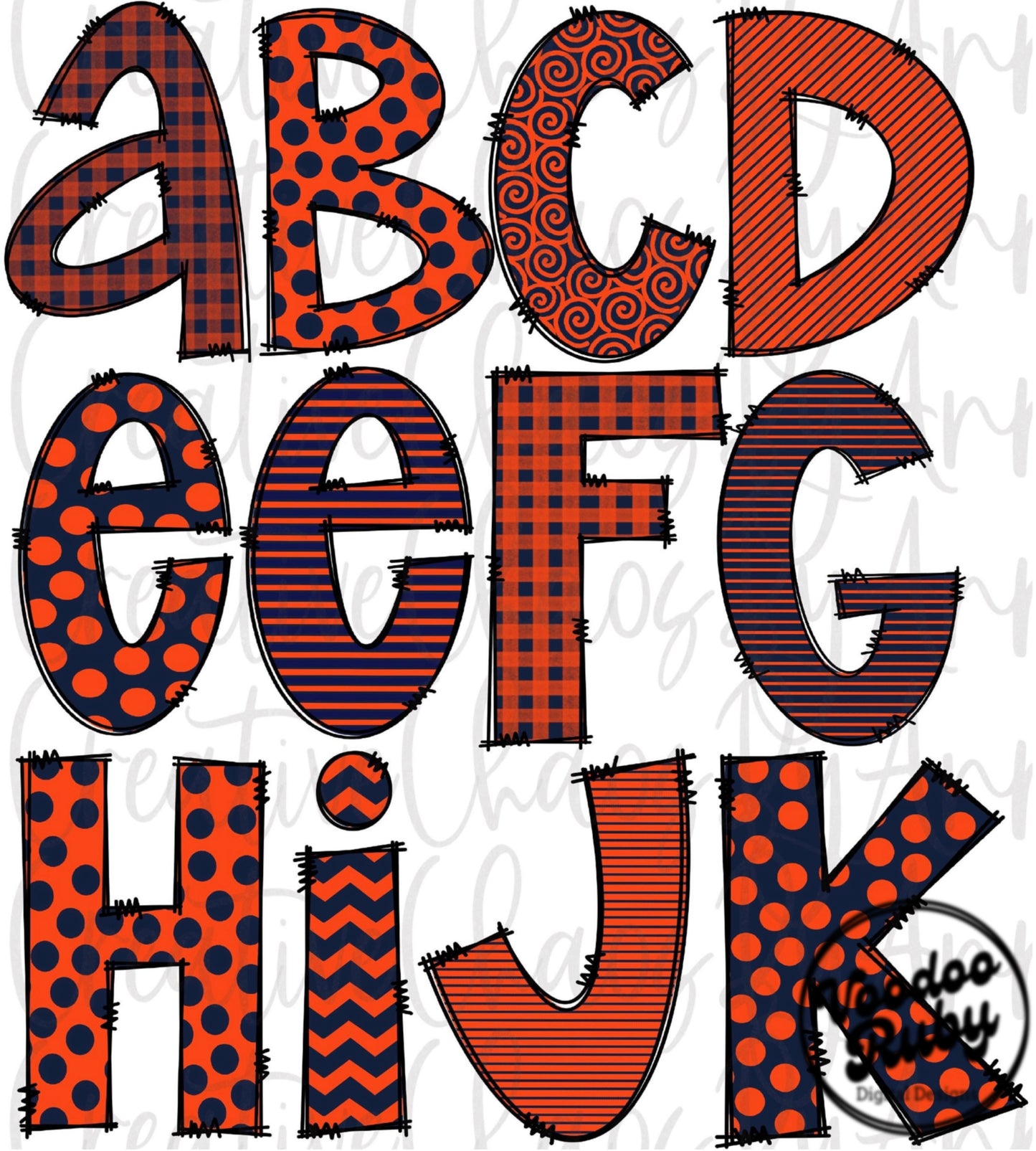 Navy Blue Orange Doodle Letters PNG Sublimation Alphabet Bundle Hand Drawn Alpha Pack Digital Design Download Football DTF Printable