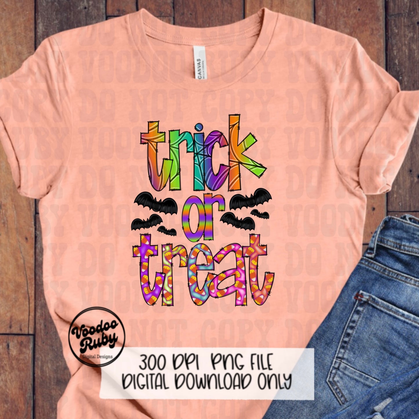 Trick or Treat PNG Design Hand Drawn Digital Download Halloween PNG Sublimation Doodle Letters Bright Colors Halloween DTF Printable Spooky