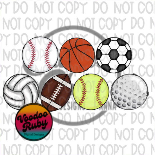 Sports Balls Bundle PNG Design Sublimation Hand Drawn Digital Download Baseball Basketball Soccer Volleyball Football Softball Golf PNG DTF Printable