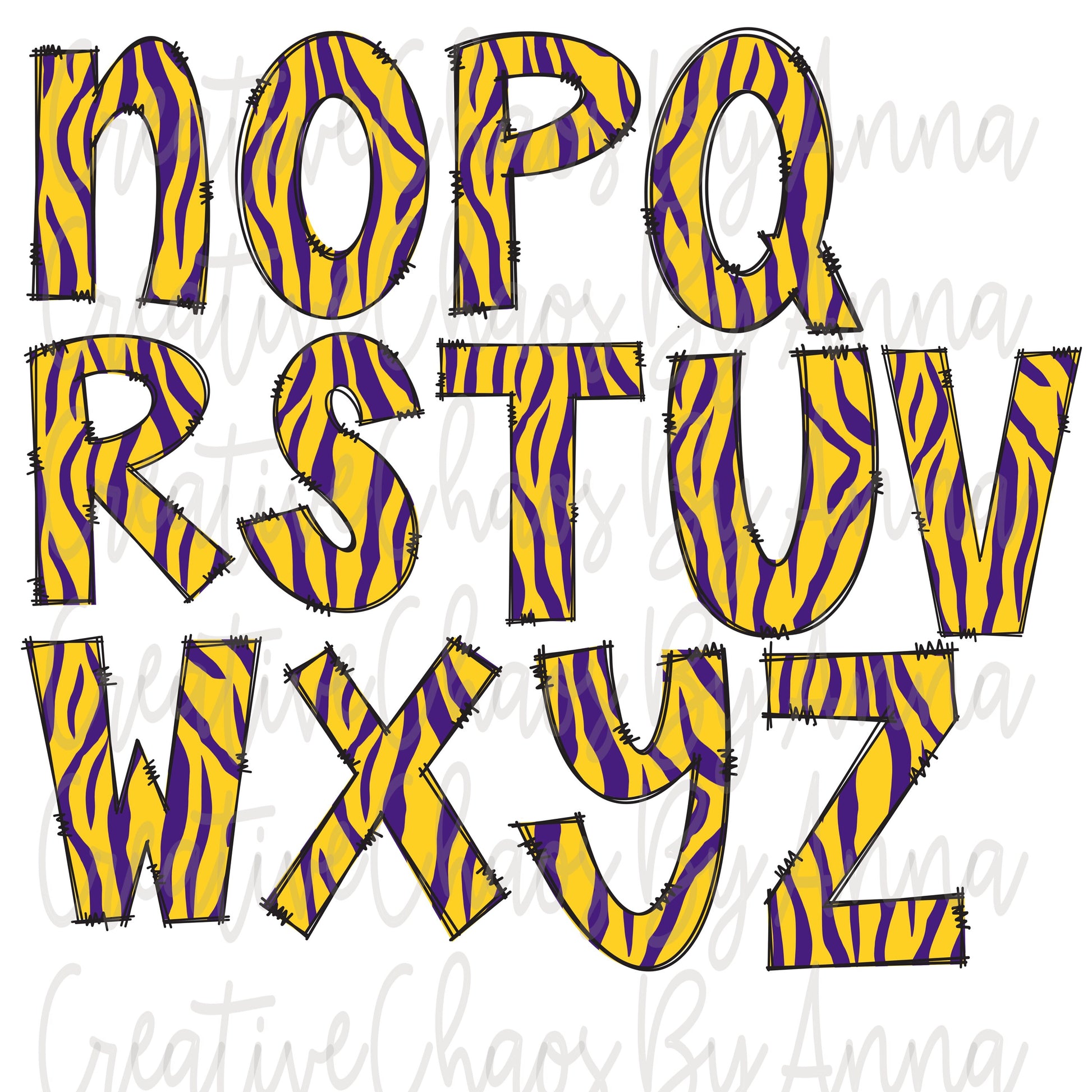 Tigers Doodle Letters PNG Alphabet Bundle png Purple Gold Tigers Alphabet Hand Drawn Alpha Pack Digital Download Sublimation Alphabet DTF