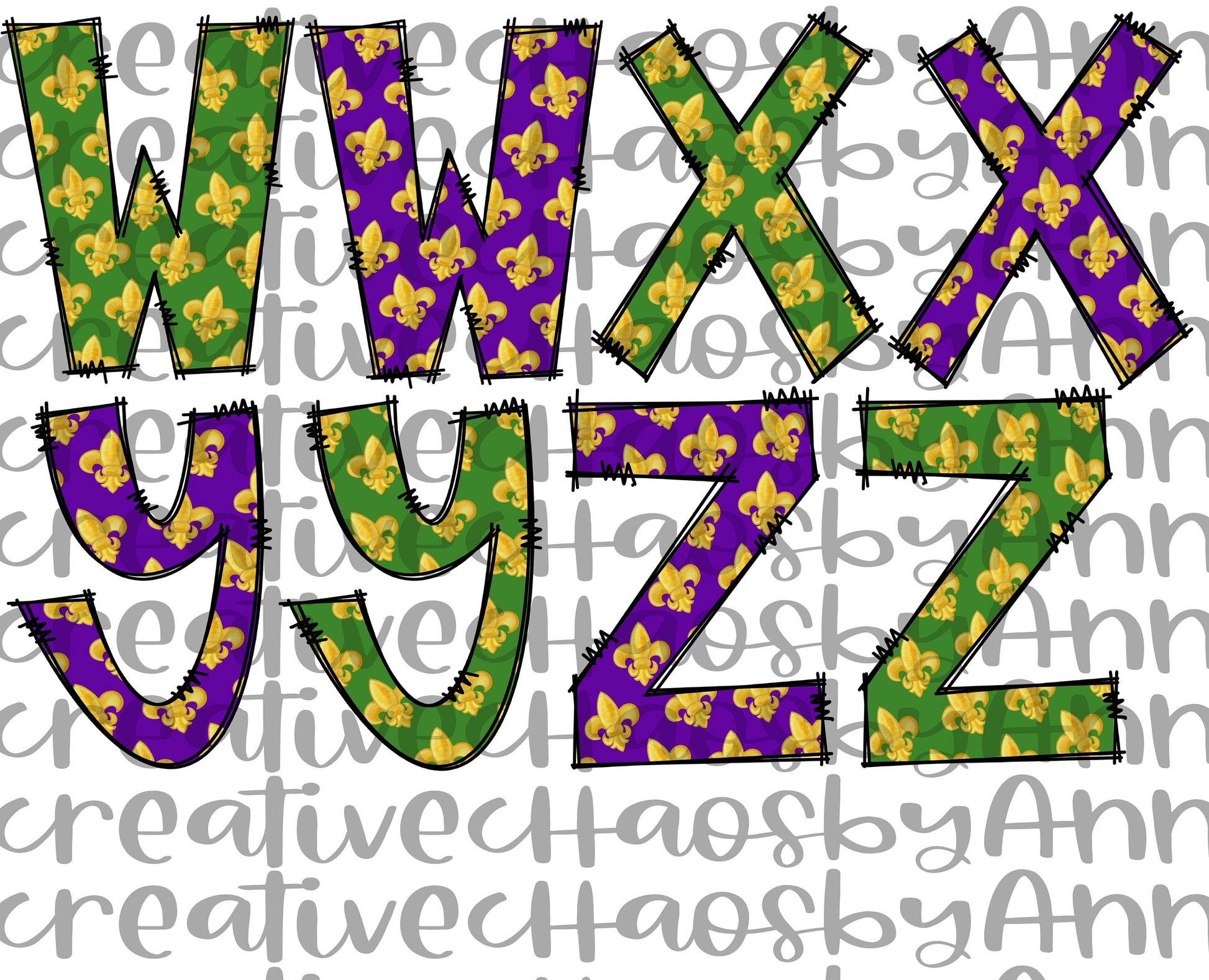 Mardi Gras Doodle Alphabet PNG: Louisiana Cajun Clip Art (Digital Download