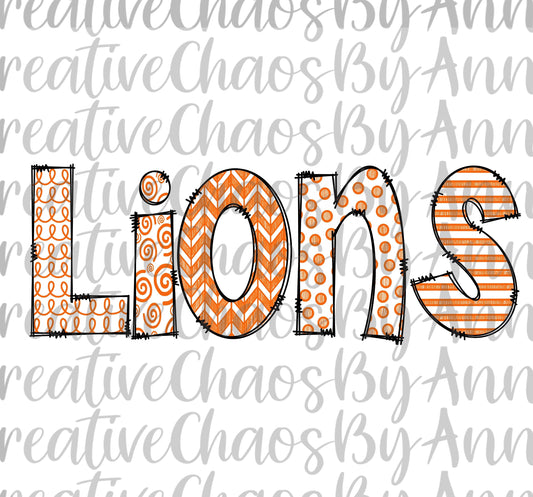 Orange Lions Mascot PNG: Hand-Drawn Doodle Letters (Digital Download)