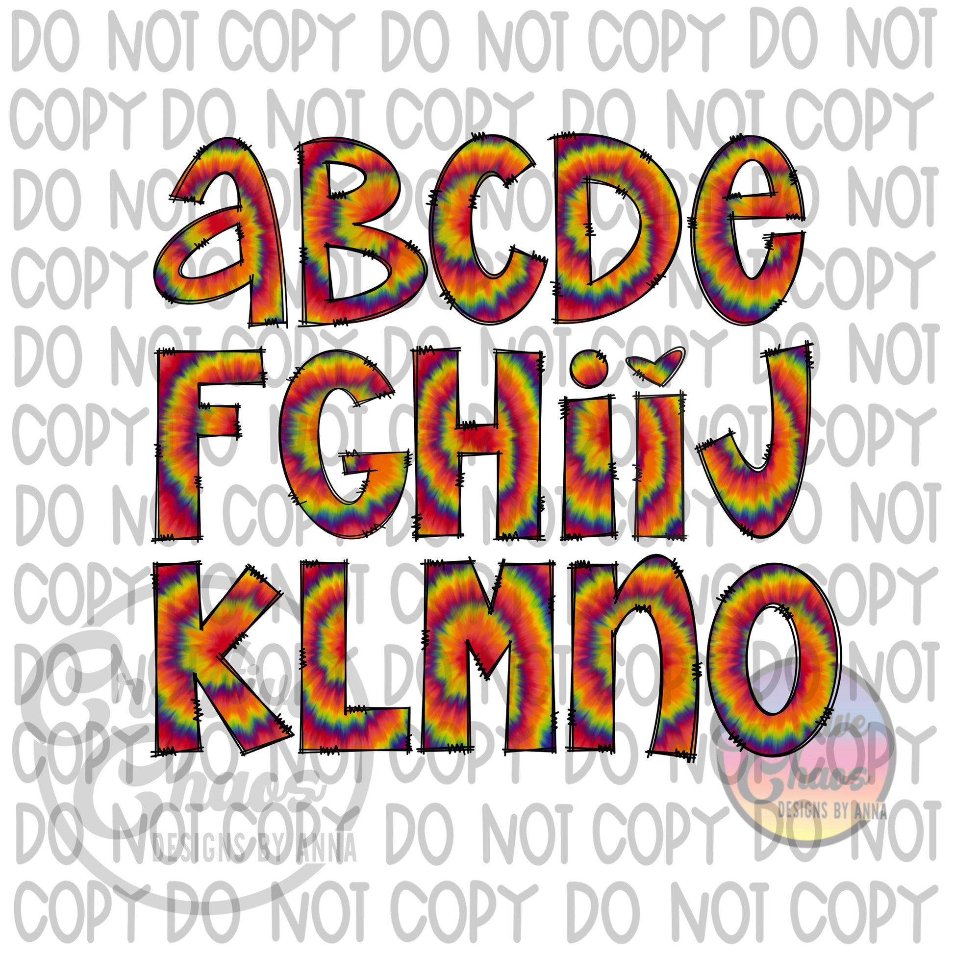 Rainbow Tie Dye Doodle Alphabet PNG: Sublimation Letter Designs (Digital Download)