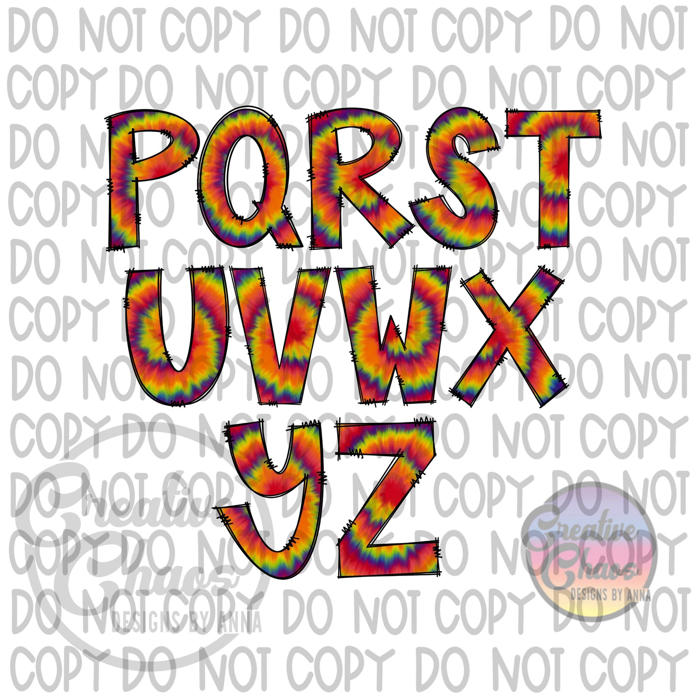 Rainbow Tie Dye Doodle Alphabet PNG: Sublimation Letter Designs (Digital Download)