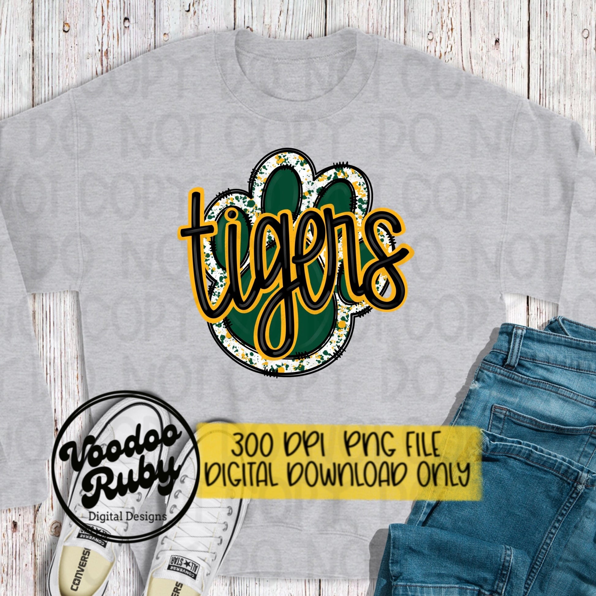 Tigers PNG Design Hand Drawn Digital Download Football PNG Green Gold Paw Print Mascot Tigers Clip Art Football Sublimation DTF Printable