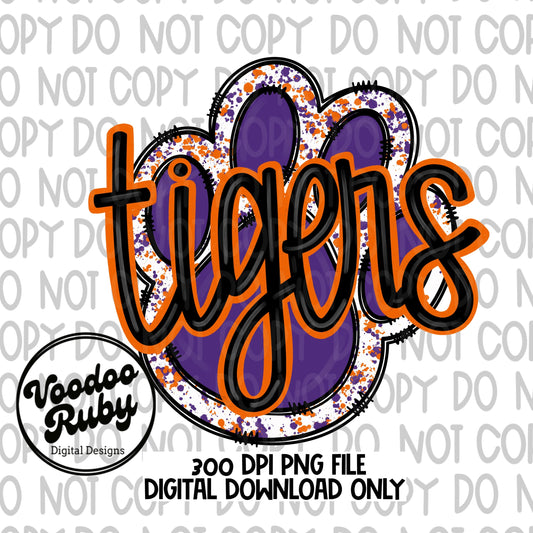 Tigers PNG Design Purple Orange Hand Drawn Digital Download Football PNG Paw Print Sublimation Design Tigers Football DTF Printable