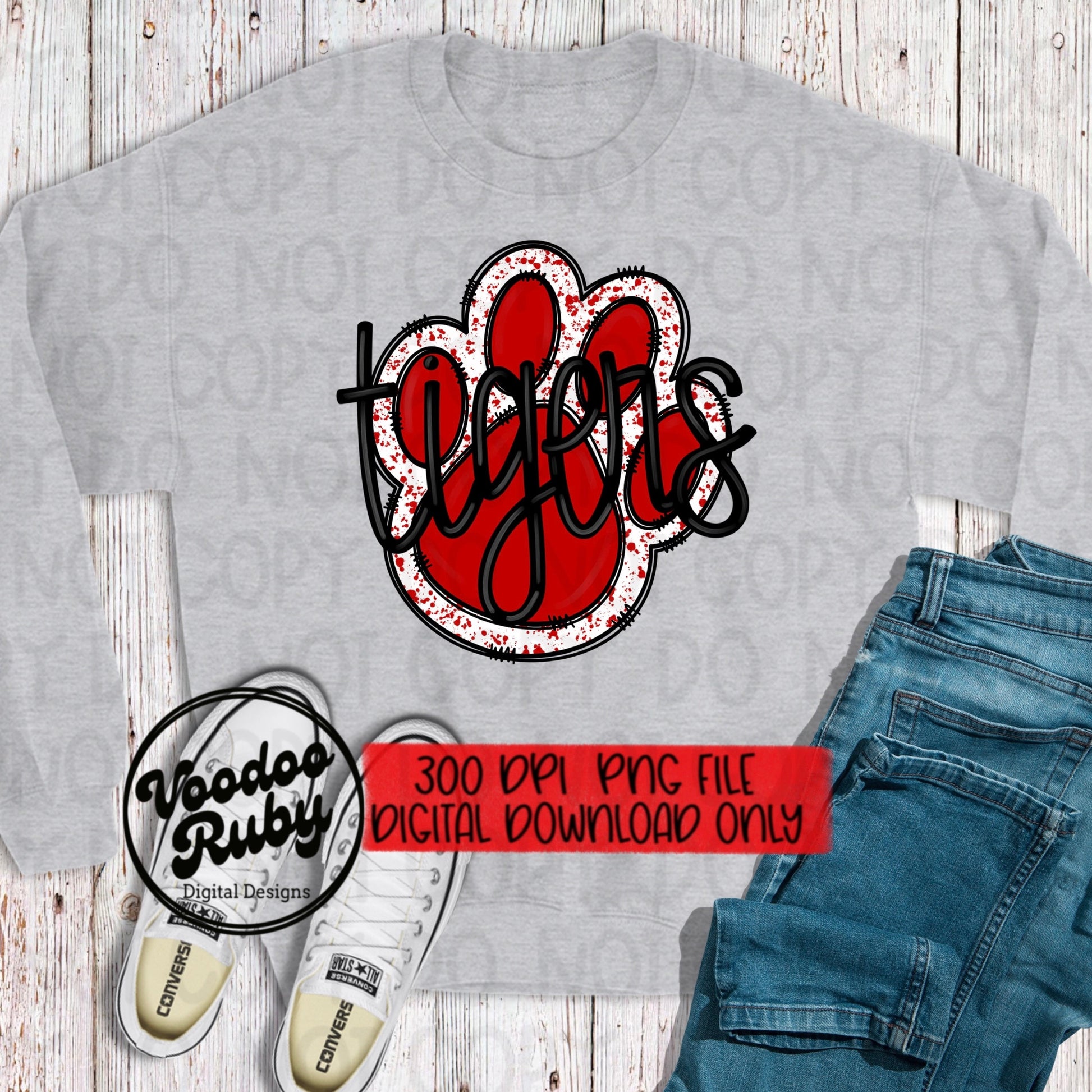 Tigers PNG Design Hand Drawn Digital Download Football PNG Red Tigers Paw Print Sublimation Design Tigers Football png DTF Printable