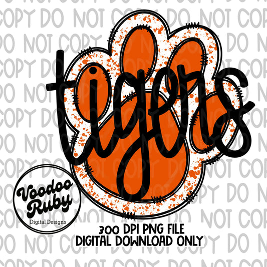 Tigers PNG Design Hand Drawn Digital Download Sublimation Football PNG Paw Print Design Orange Tigers Clip Art Football DTF Printable