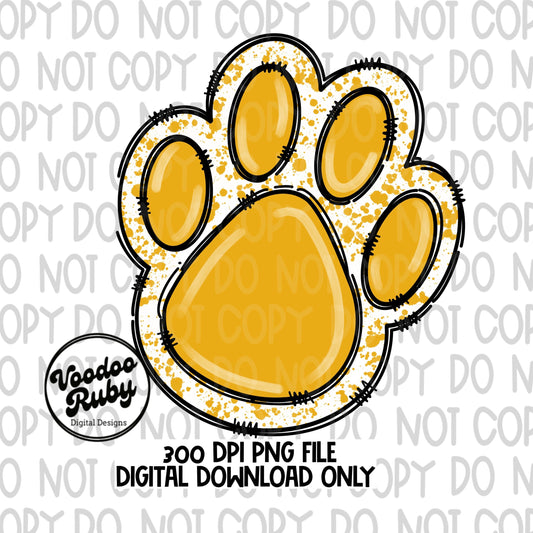Gold Paw PNG Mascot Hand Drawn Digital Download Sublimation Blanks Yellow Paw Print Football png DTF Printable Clip Art
