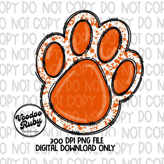 Orange Paw Print PNG Sublimation Design Hand Drawn Digital Download Doodle Clip Art DTF Printable