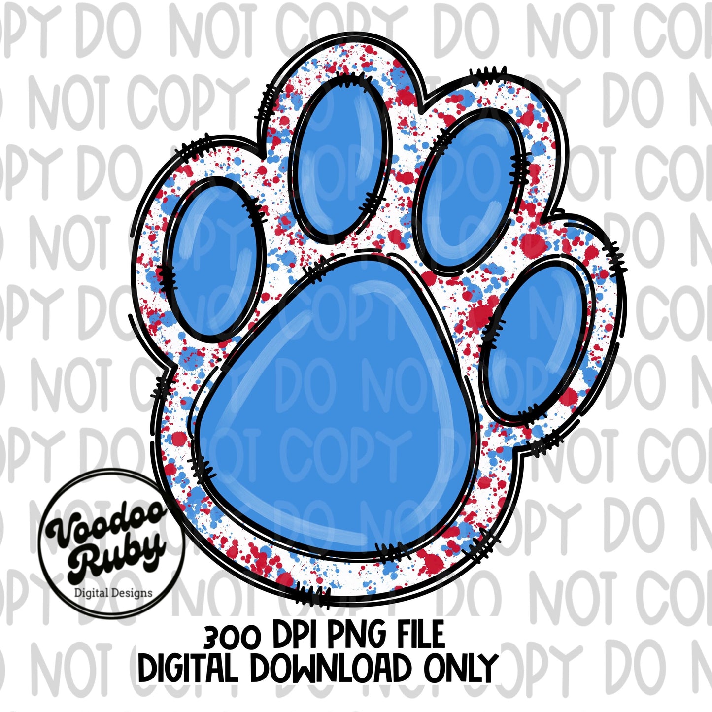 Light Blue and Red Paw Print PNG Sublimation Design | Hand Drawn Digital Download | Doodle Clip Art | Printable