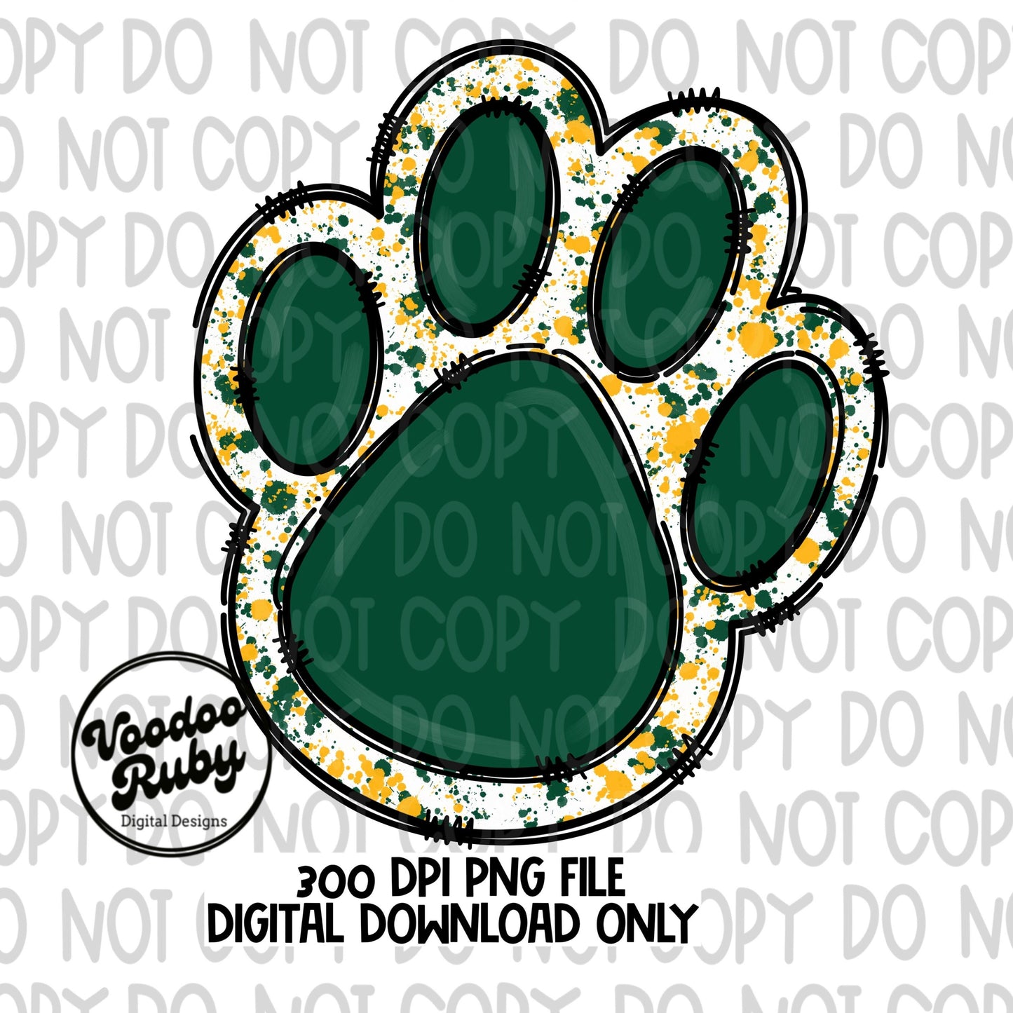 Green Gold Paw PNG Design Hand Drawn Digital Download Mascot Sublimation Paw Print PNG Football DTF Printable Clip Art Doodle Design