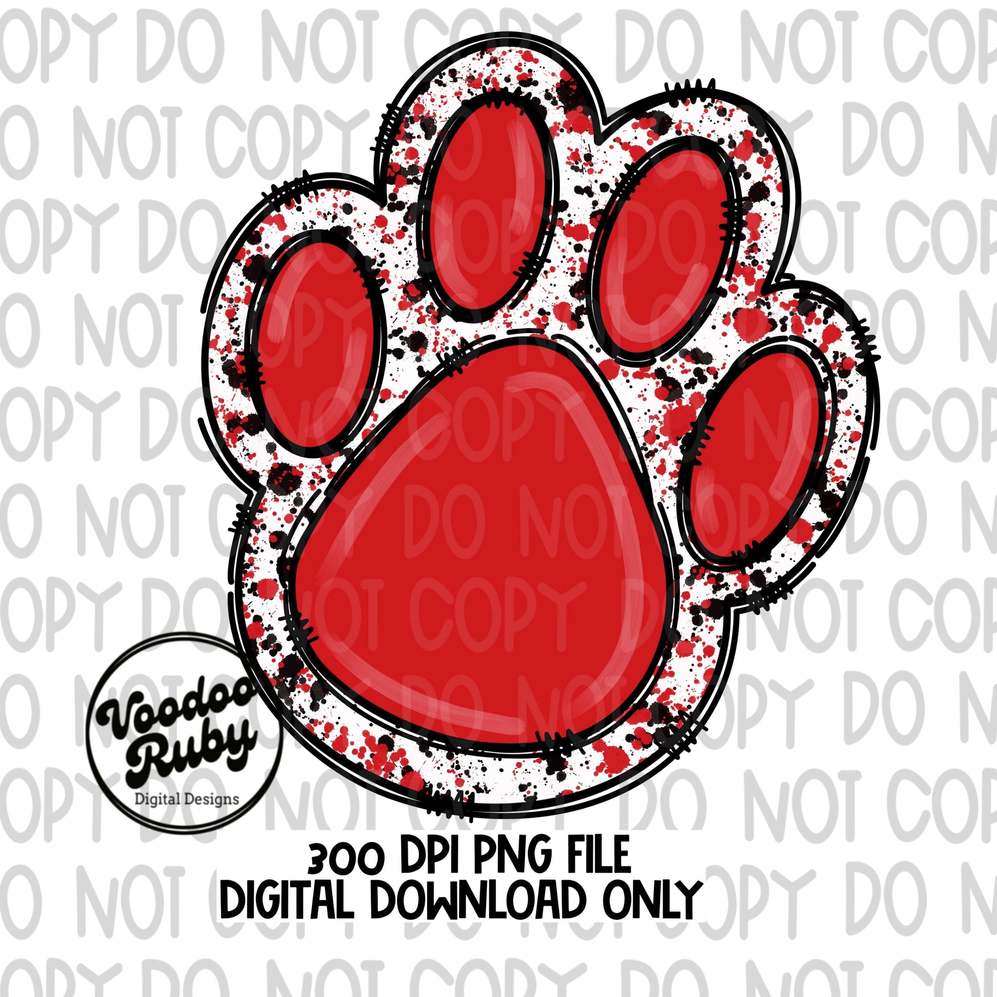 Red and Black Paw Print PNG Sublimation Design | Hand Drawn Digital Download | Doodle Clip Art | Printable