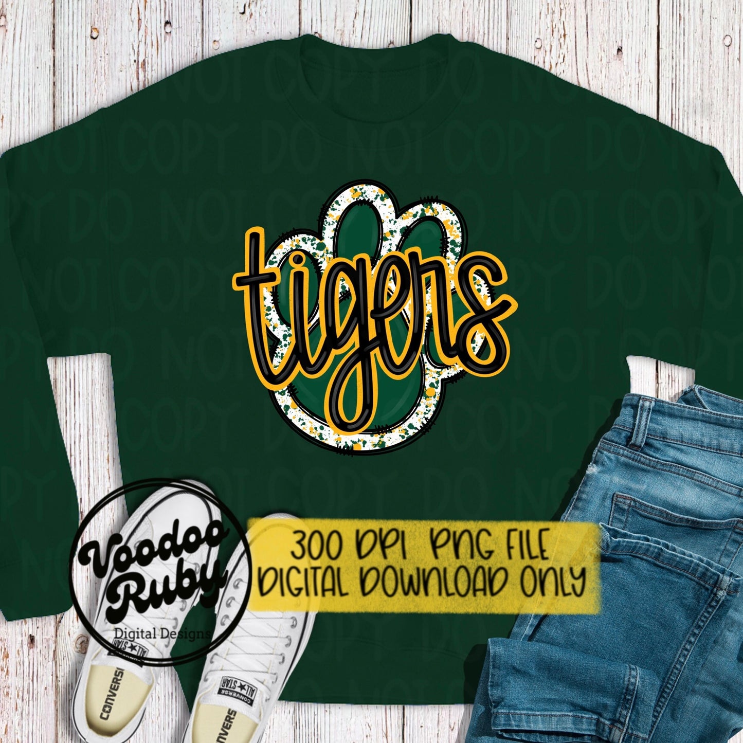 Tigers PNG Design Hand Drawn Digital Download Football PNG Green Gold Paw Print Mascot Tigers Clip Art Football Sublimation DTF Printable