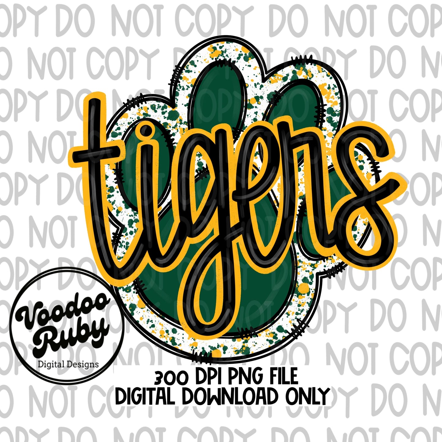 Tigers PNG Design Hand Drawn Digital Download Football PNG Green Gold Paw Print Mascot Tigers Clip Art Football Sublimation DTF Printable