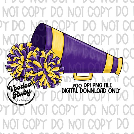 Cheer PNG Design Purple Gold Team Hand Drawn Digital Download PNG Cheerleader Clip Art Megaphone png DTF Printable Sublimation png