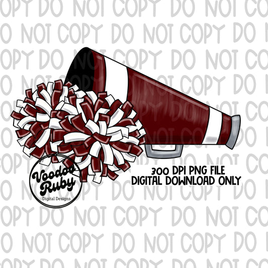 Cheer PNG Design Maroon White Team Hand Drawn Digital Download PNG Cheerleader Sublimation Megaphone png Clip Art DTF Printable