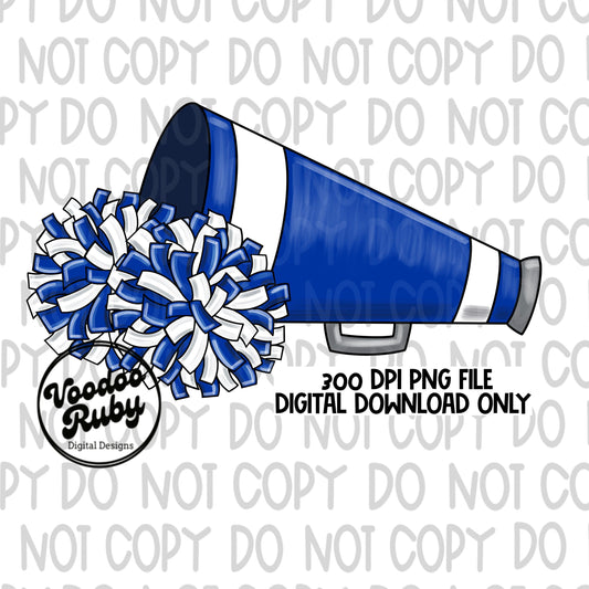 Cheer PNG Design Blue White Team Hand Drawn Digital Download PNG Megaphone Cheerleader Clip Art DTF Printable Sublimation Blanks