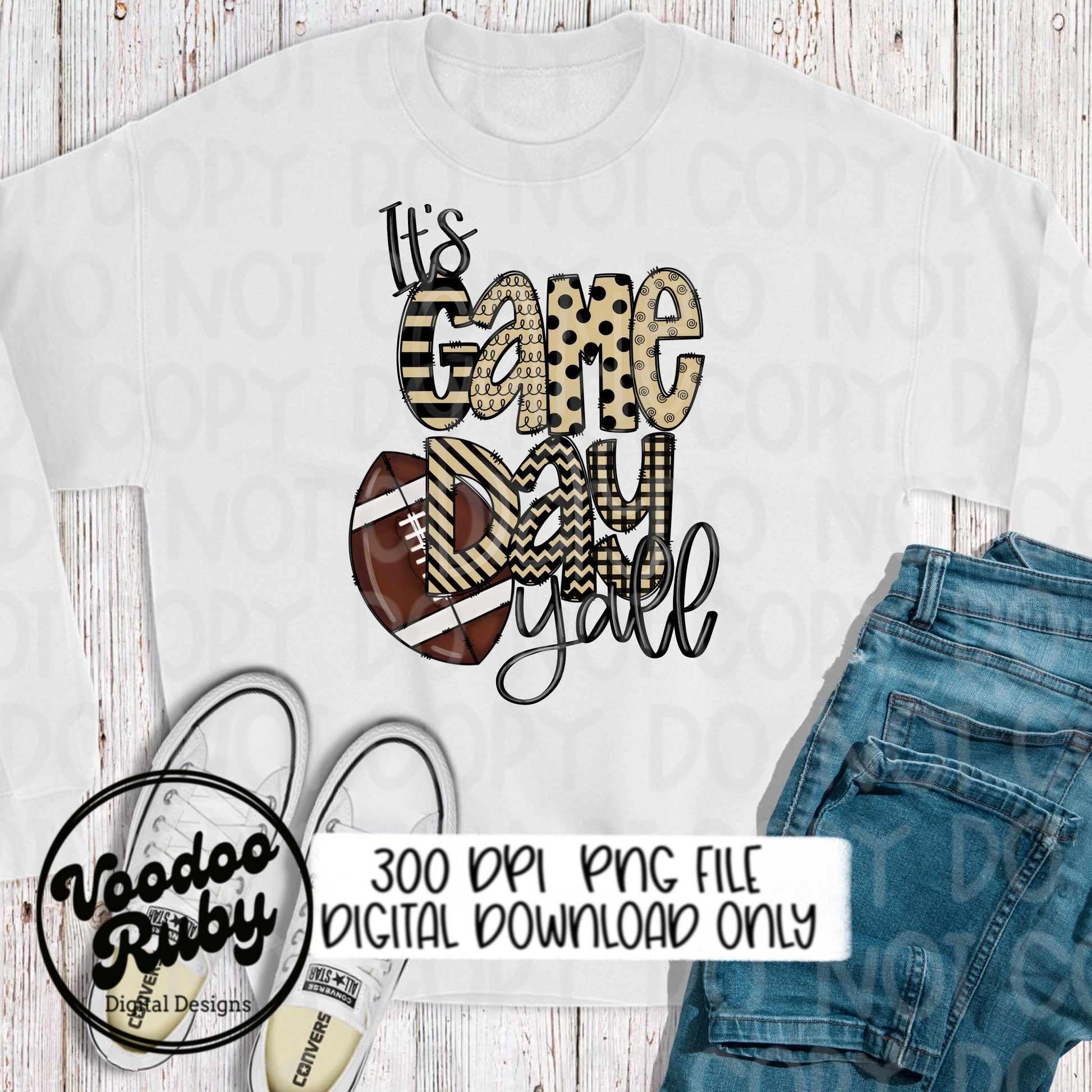 Black and Gold Game Day Y’all PNG Design Sublimation Hand Drawn Digital Download Football PNG Game Day DTF Printable