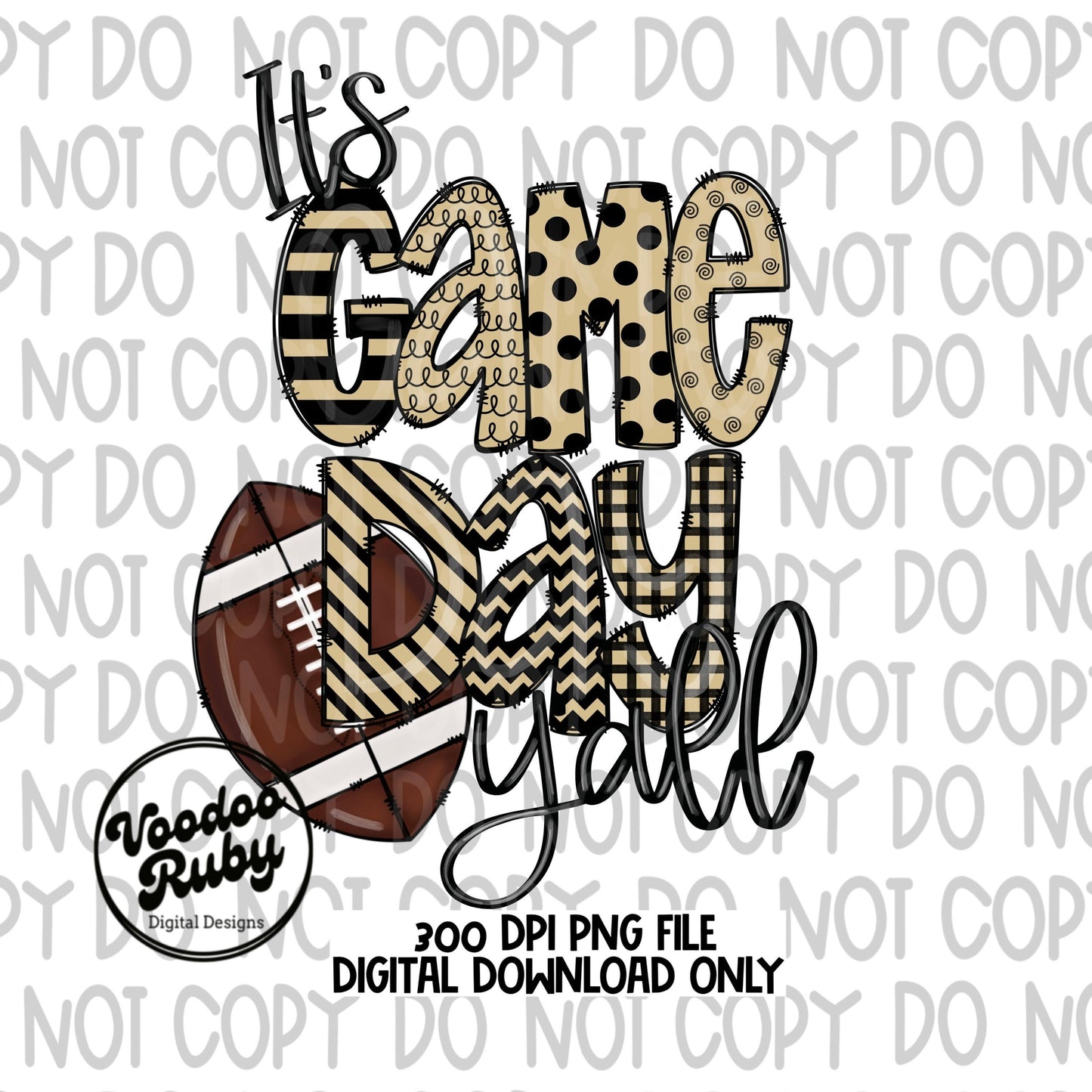 Black and Gold Game Day Y’all PNG Design Sublimation Hand Drawn Digital Download Football PNG Game Day DTF Printable