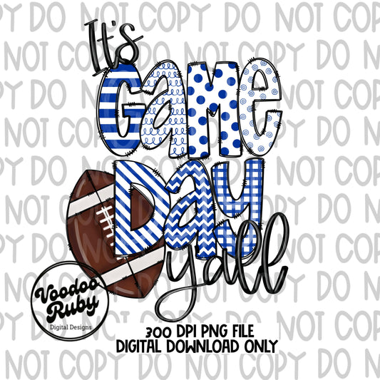 Blue and White Game Day Y’all PNG Design Sublimation Hand Drawn Digital Download Football PNG Game Day DTF Printable