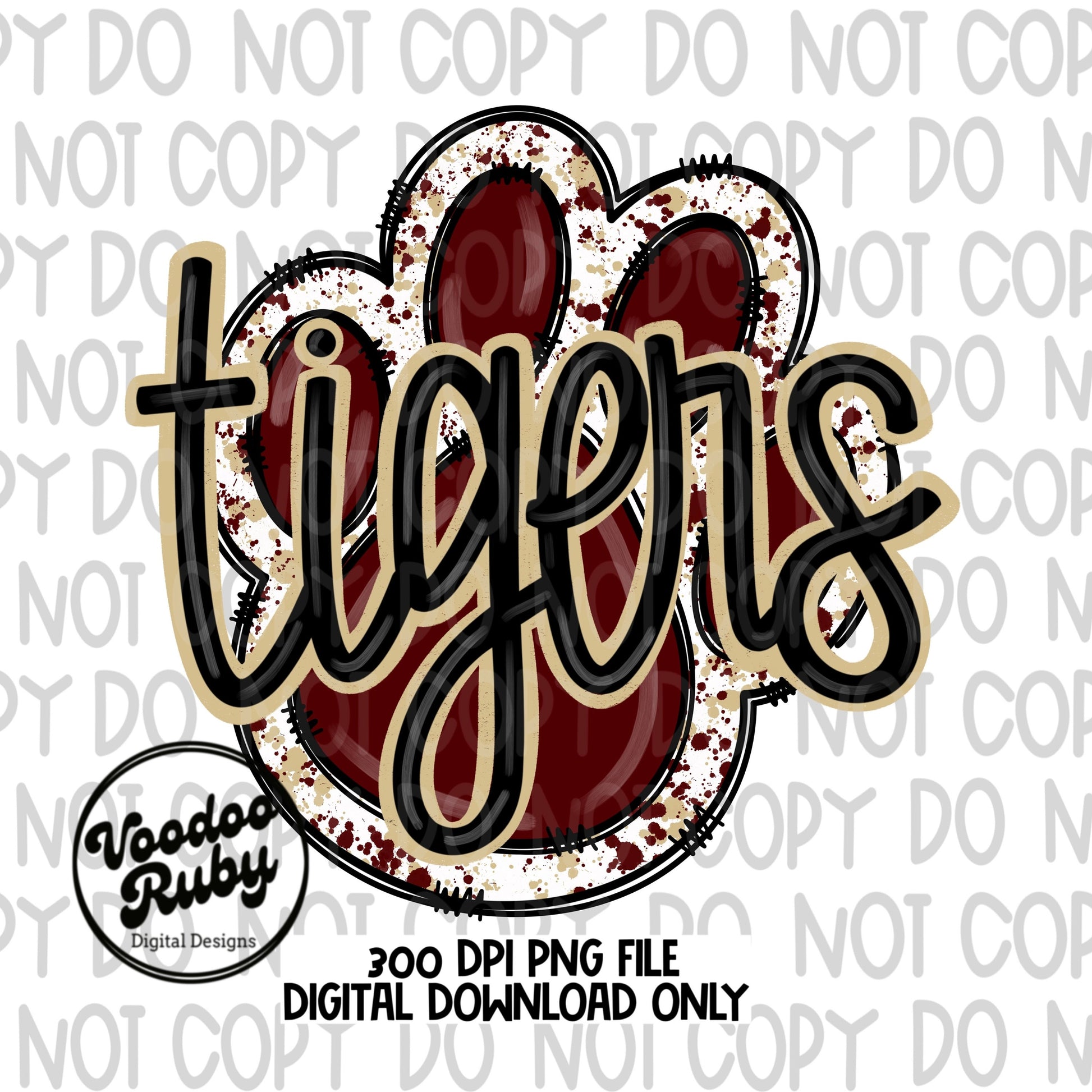 Tigers PNG Design Hand Drawn Digital Download Tigers Football PNG Paw Print Mascot Football Maroon Gold Tigers Sublimation DTF Printable