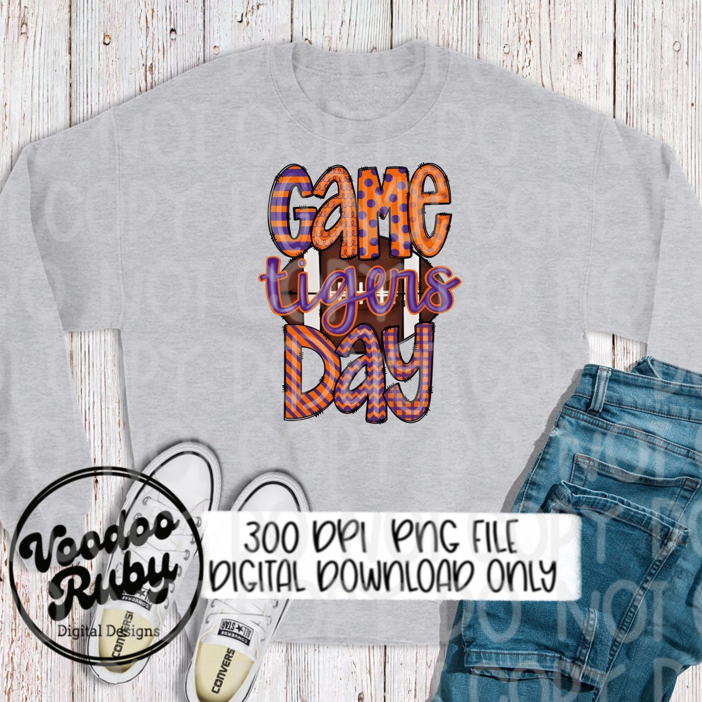 Game Day Tigers Purple and Orange PNG Sublimation Design | Hand Drawn Digital Download | Football PNG | Printable