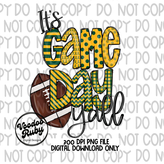 Game Day PNG Design Green Gold Hand Drawn Digital Download Sublimation Football PNG DTF Printable