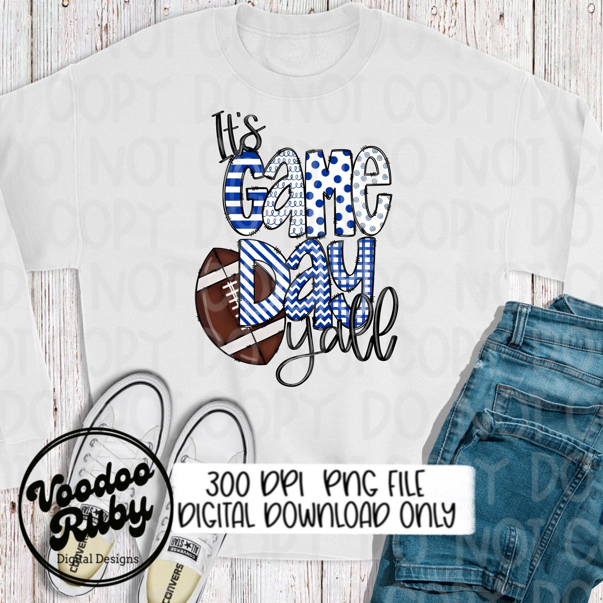 Blue and White Game Day Y’all PNG Design Sublimation Hand Drawn Digital Download Football PNG Game Day DTF Printable