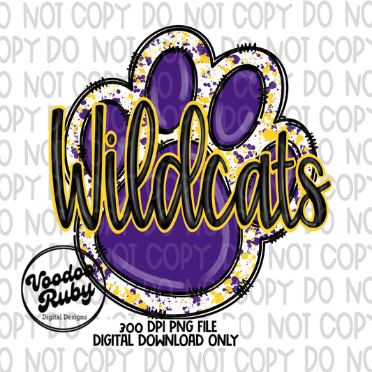 Wildcats PNG Design Hand Drawn Digital Download Sublimation Football PNG Purple Gold Wildcats Paw Print DTF Printable Clip Art