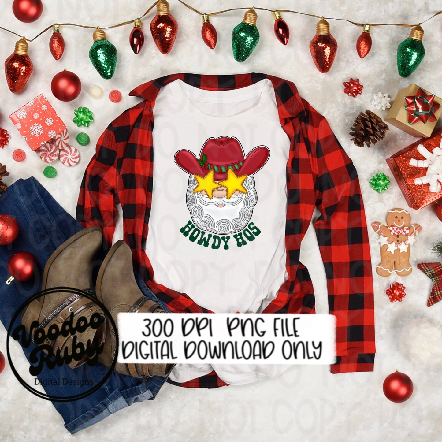 Howdy Santa Sublimation PNG Design Howdy Hos Design Hand Drawn Digital Design Download Howdy Hos PNG Cowboy Santa Preppy Christmas PNG