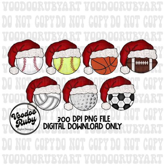 Christmas Sports Balls PNG Bundle Hand Drawn Digital Download Baseball Basketball Volleyball Football Softball Soccer Golf DTF Printable