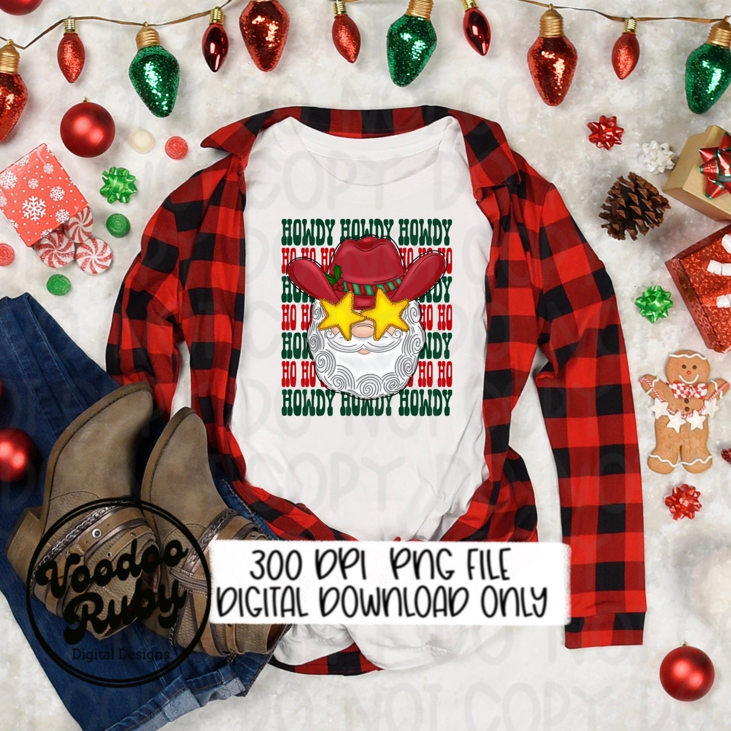 Howdy Santa Sublimation PNG Design Ho Ho Ho Design Hand Drawn Digital Design Download Howdy Ho Ho Ho PNG Cowboy Santa Preppy Christmas PNG