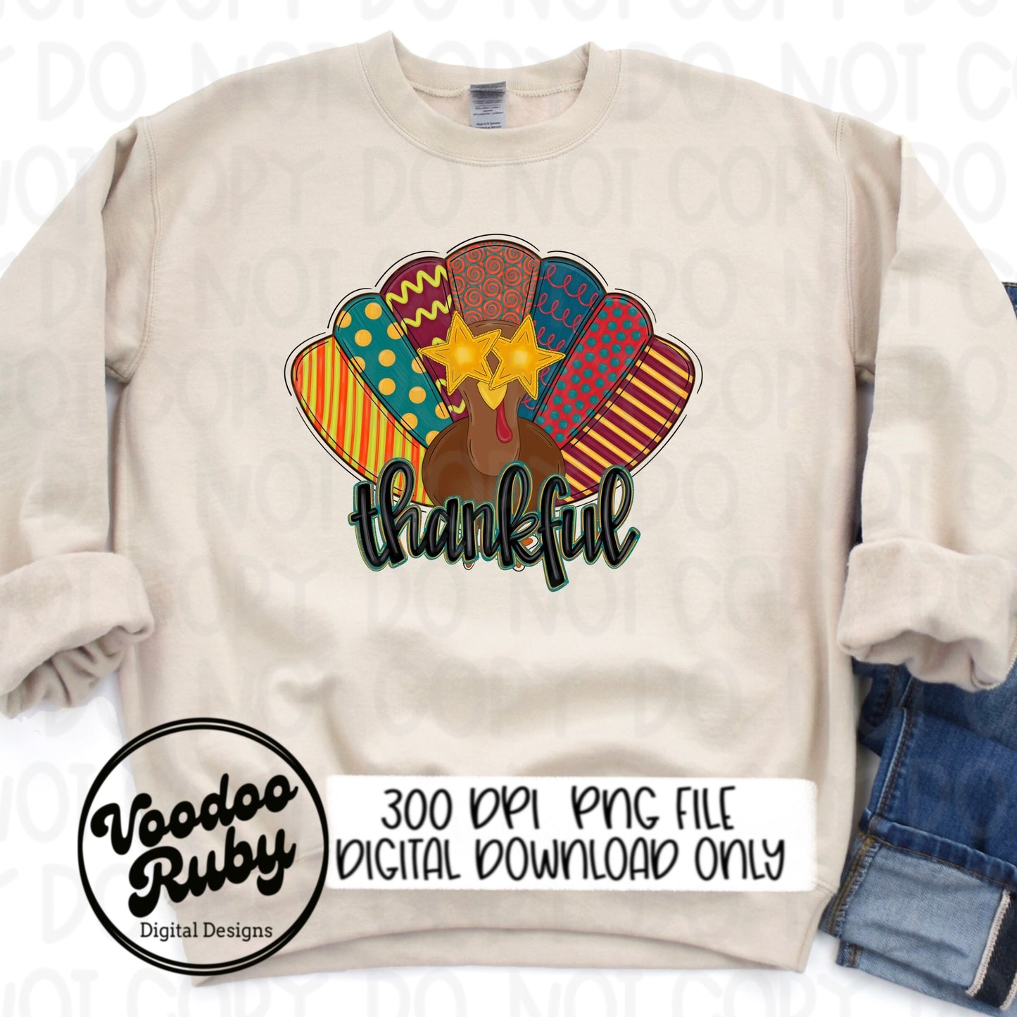 Thankful PNG Turkey Design Hand Drawn Digital Download Sublimation Preppy Turkey PNG Colorful Thanksgiving DTF Printable Thankful Clip Art