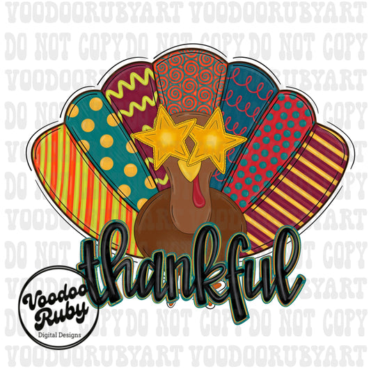 Thankful PNG Turkey Design Hand Drawn Digital Download Sublimation Preppy Turkey PNG Colorful Thanksgiving DTF Printable Thankful Clip Art