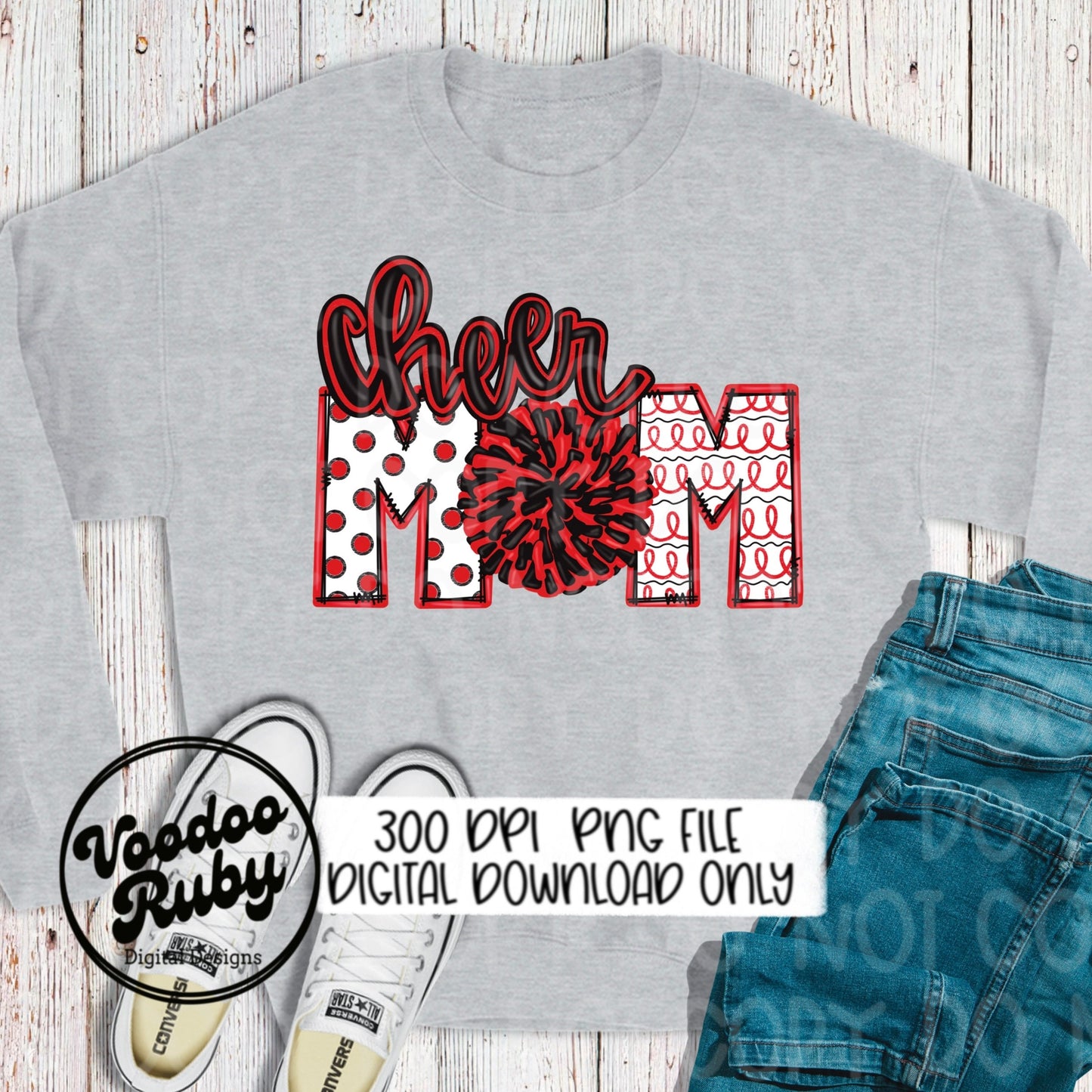 Cheer Mom PNG Design Sublimation Hand Drawn Digital Download Cheer PNG Red Black Cheer Design Cheerleader png Clip Art DTF Printable