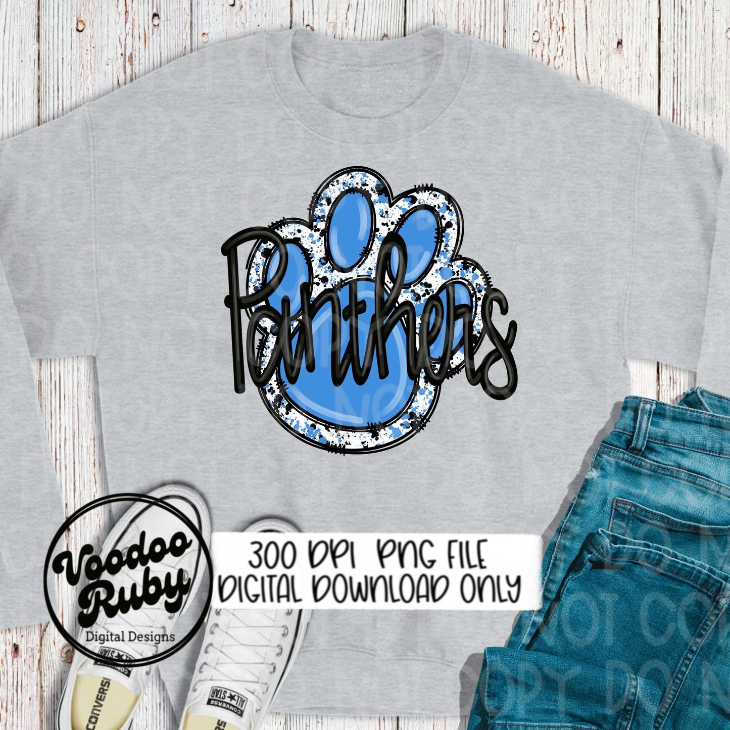Panthers PNG Sublimation Design Hand Drawn Digital Download Football PNG Light Blue and Black Paw Print Clip Art Printable